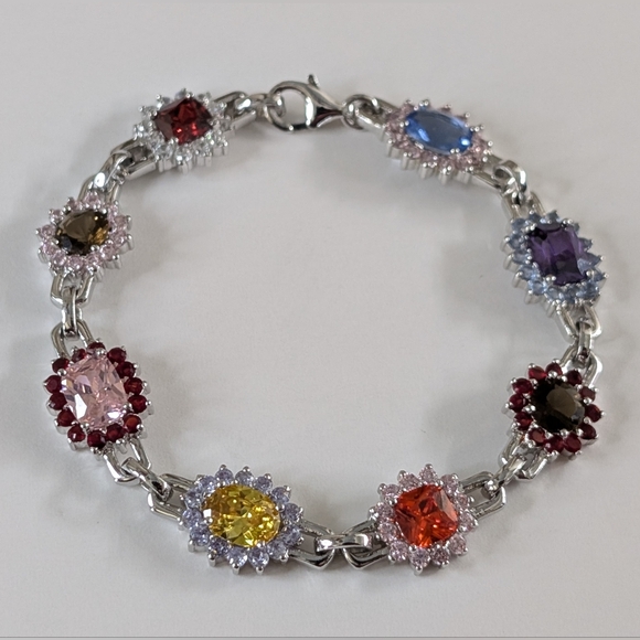 Charles Winston CWE Sterling Silver Rhodium Multi-Gemstone Halo Panel Bracelet 7 - Picture 1 of 8